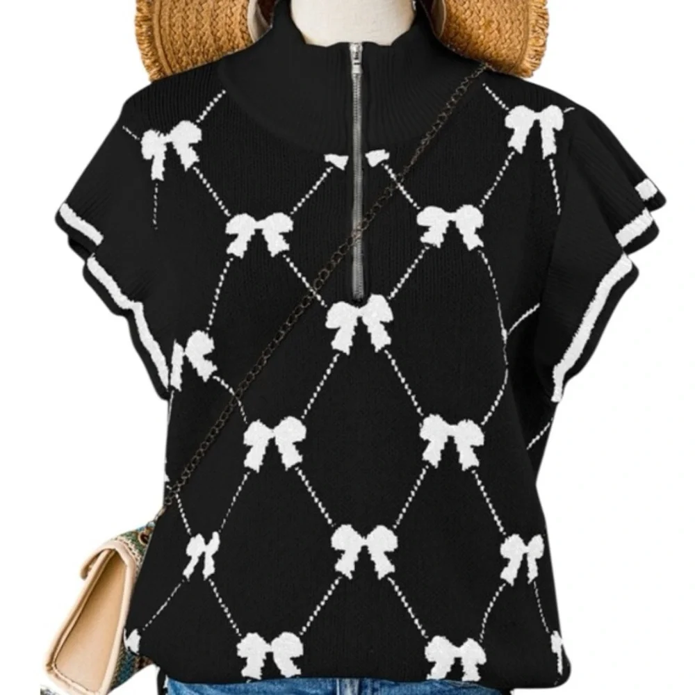 S113 Bow Print Ruffle Cap Sleeve Soft Zip Mock Neck Convertible Lapel Sweater - Picture 3 of 6